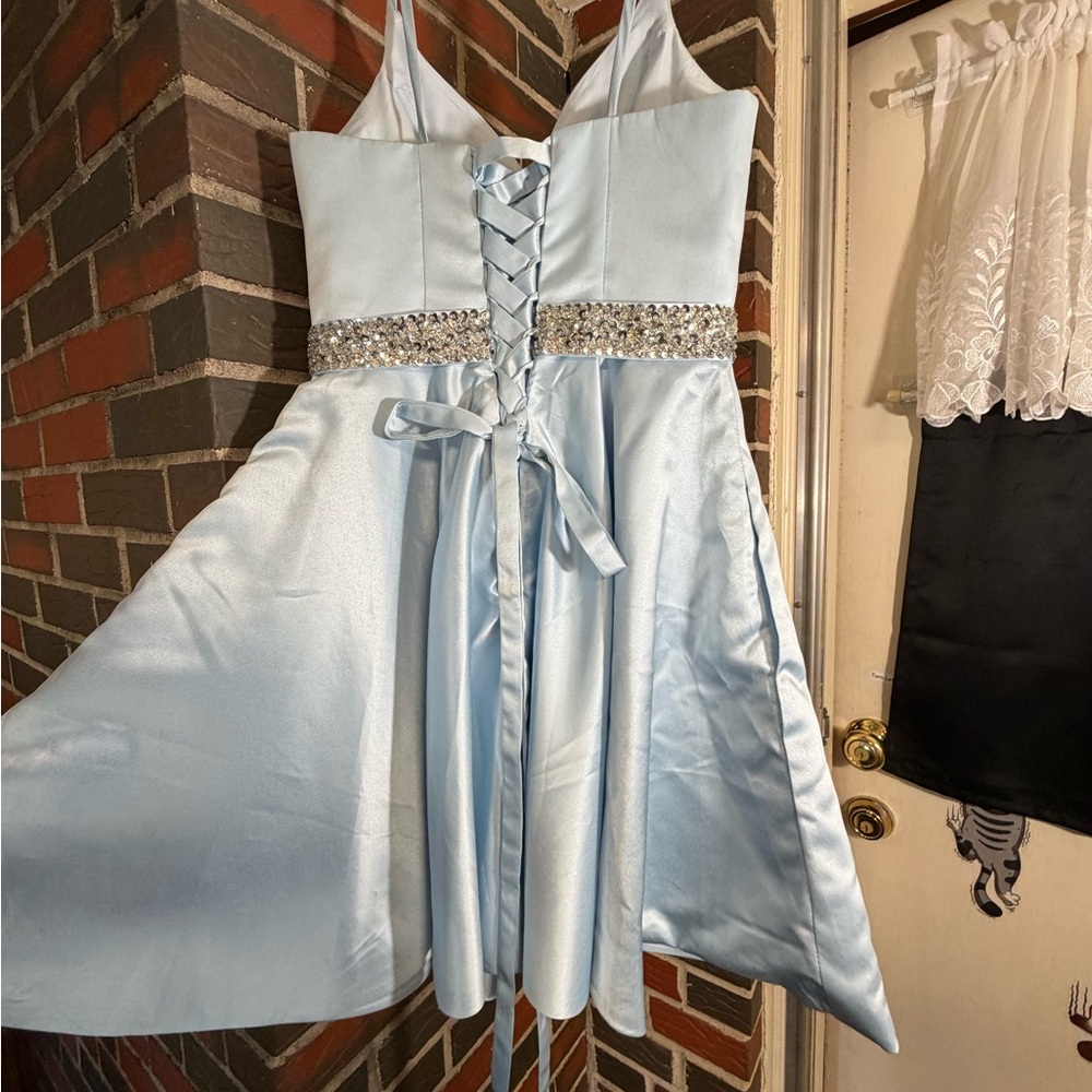 Girls Light Blue Satin Party Dress with Crystal Waistband